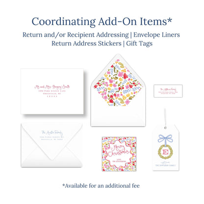 various items related to coordinating add-ons for envelopes and gift tags, including an envelope, a return address sticker, a gift tag, and a card.