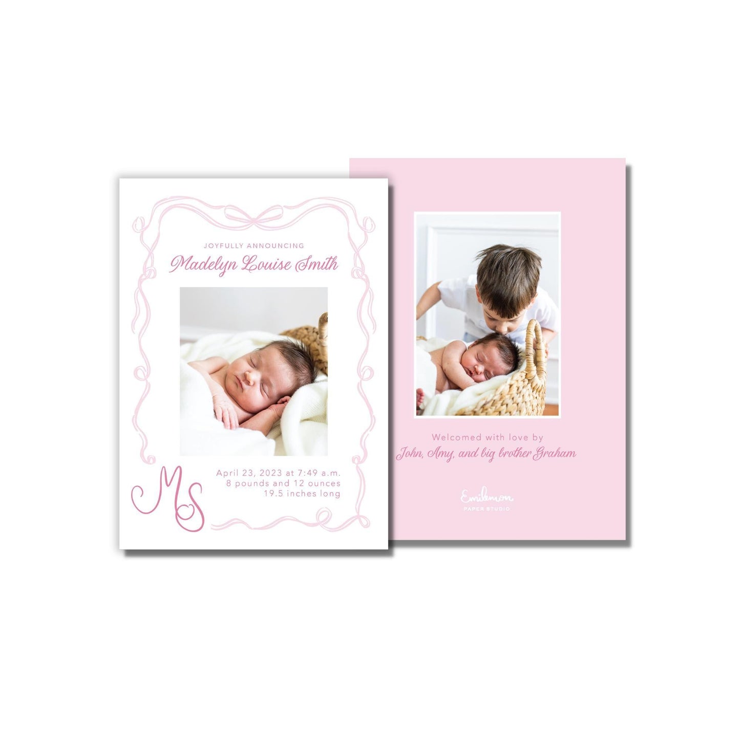 Bow Frame Birth Announcement - Pink