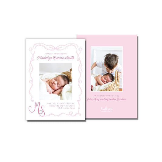 Bow Frame Birth Announcement - Pink