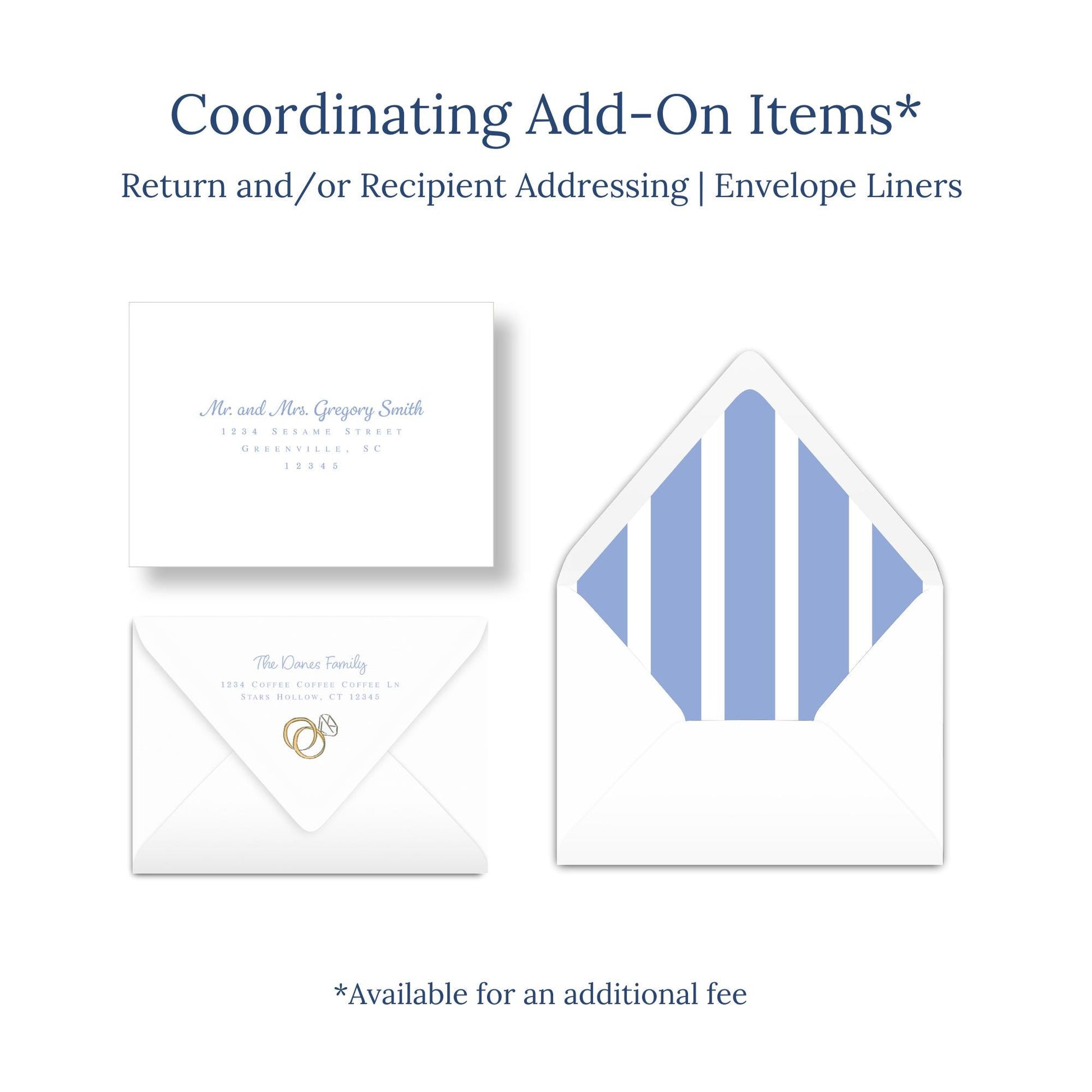 a set of three envelope liners, each with different designs and sizes, and a wedding invitation card.