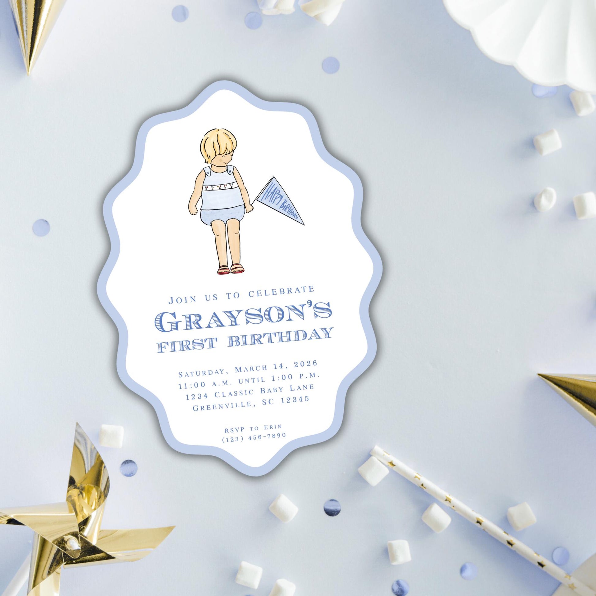 The image is a birthday invitation for a baby boy named Grayson's first birthday. It features a cartoon illustration of a baby boy holding a party hat and surrounded by confetti. The invitation invites guests to join the celebration on Saturday, March 14, 2016, at 11:00 AM at 11:00 AM at the Classic Baby Lane, located at 1234 Greenville, SC. The event is being held at the Greenville, SC 12350 location.