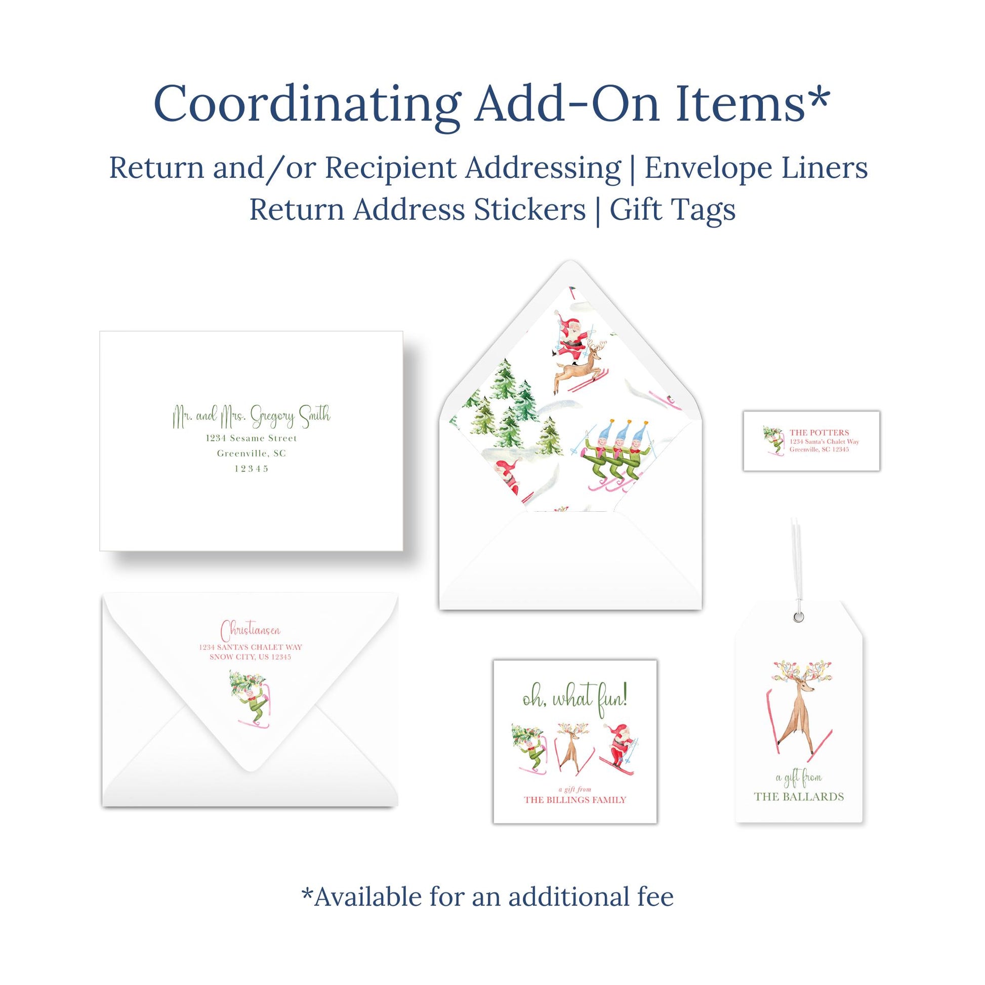 The image is a collection of Christmas-themed items, including an envelope, return address stickers, and gift tags, all available for purchase.