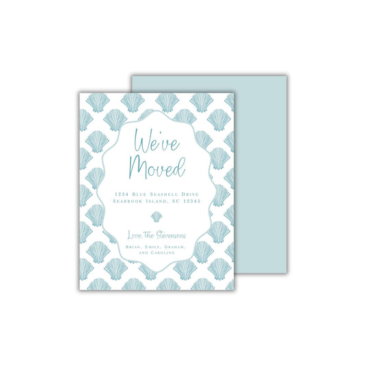 a blue and white wedding card with the words we&#39;re moved on it