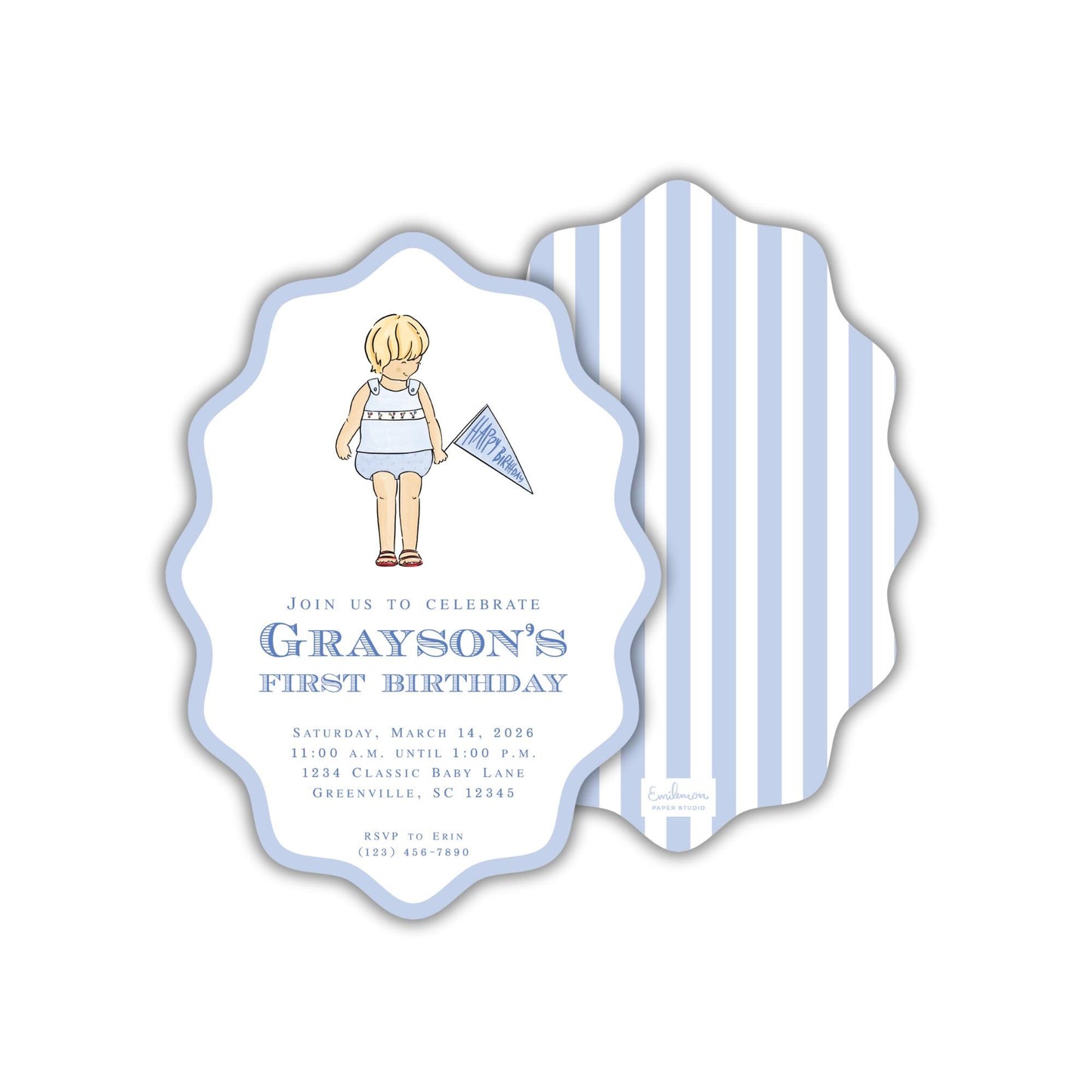The image is a birthday invitation for a baby boy named Grayson's first birthday. It features a blue and white striped design with a cartoon illustration of a baby boy holding a flag. The invitation invites guests to join the celebration on Saturday, March 14, 2018, from 11:00 AM to 1:00 PM, at the Island Bay Beach Camp in Greensville, SC. The event is scheduled for Saturday, March 14, 2018, at 11:00 AM, and guests are encouraged to RSVP to Erin at (336) 456-7888.