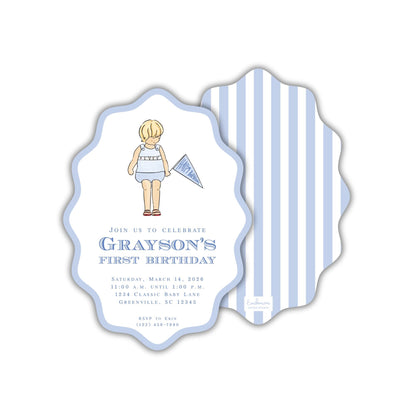 The image is a birthday invitation for a baby boy named Grayson's first birthday. It features a blue and white striped design with a cartoon illustration of a baby boy holding a flag. The invitation invites guests to join the celebration on Saturday, March 14, 2018, from 11:00 AM to 1:00 PM, at the Island Bay Beach Camp in Greensville, SC. The event is scheduled for Saturday, March 14, 2018, at 11:00 AM, and guests are encouraged to RSVP to Erin at (336) 456-7888.