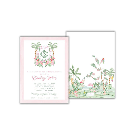 The image is a pink invitation card for a bridal shower, featuring a tropical landscape with palm trees, flowers, and a bird.