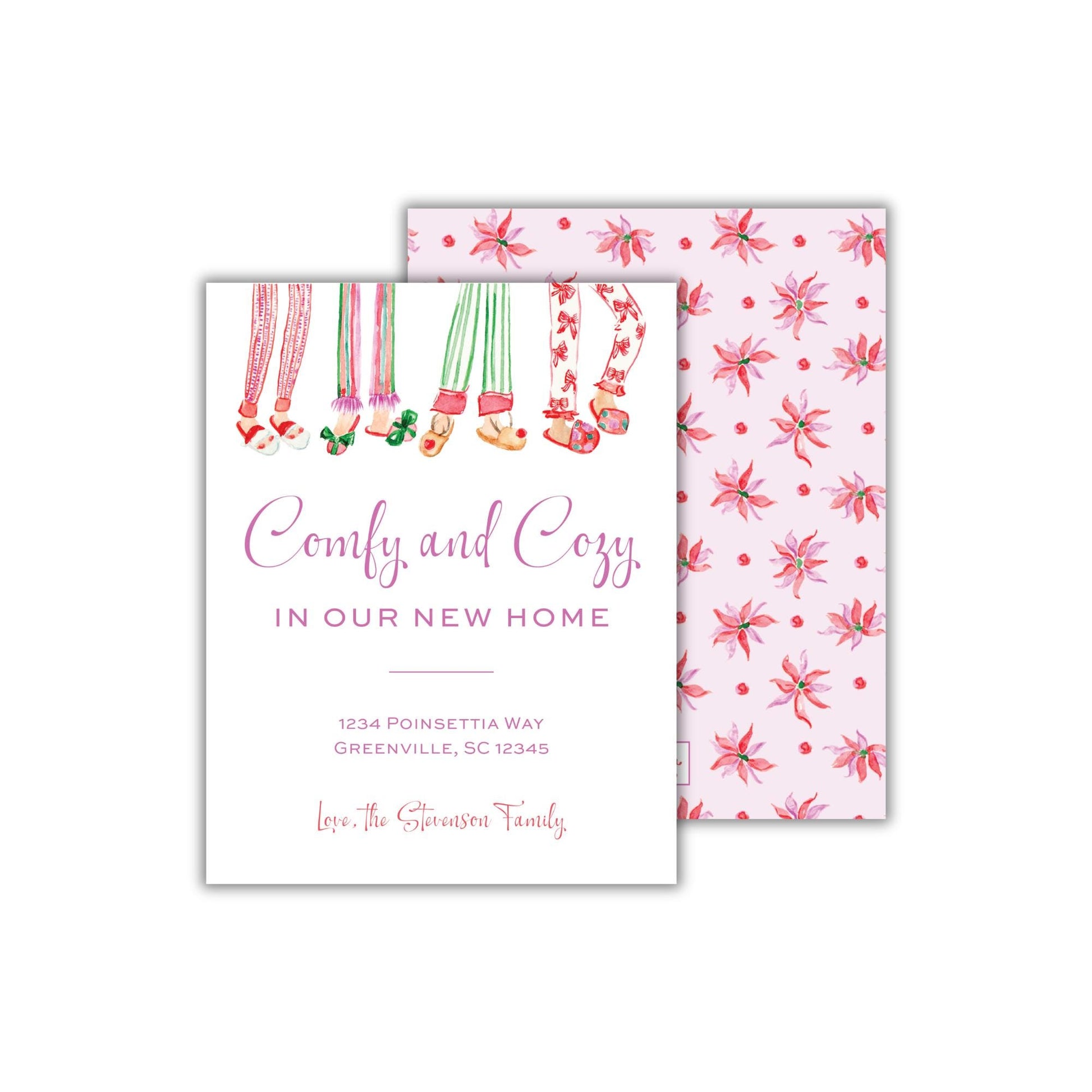 The image is a greeting card with a pink and white color scheme, featuring illustrations of people wearing pajamas and socks. The card has a text that reads &quot;Comfy and Cozy in our new home&quot; and includes the address &quot;1234 Poinsettia Way, Greenville, SC 12345&quot;.
