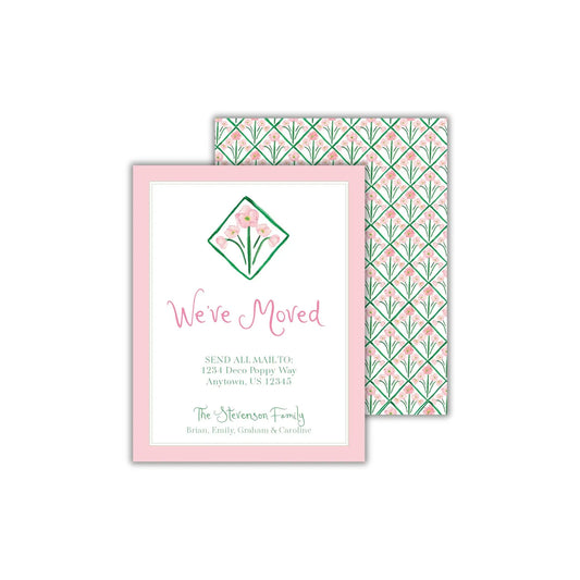 a pink and green wedding card with the words we're moved on it