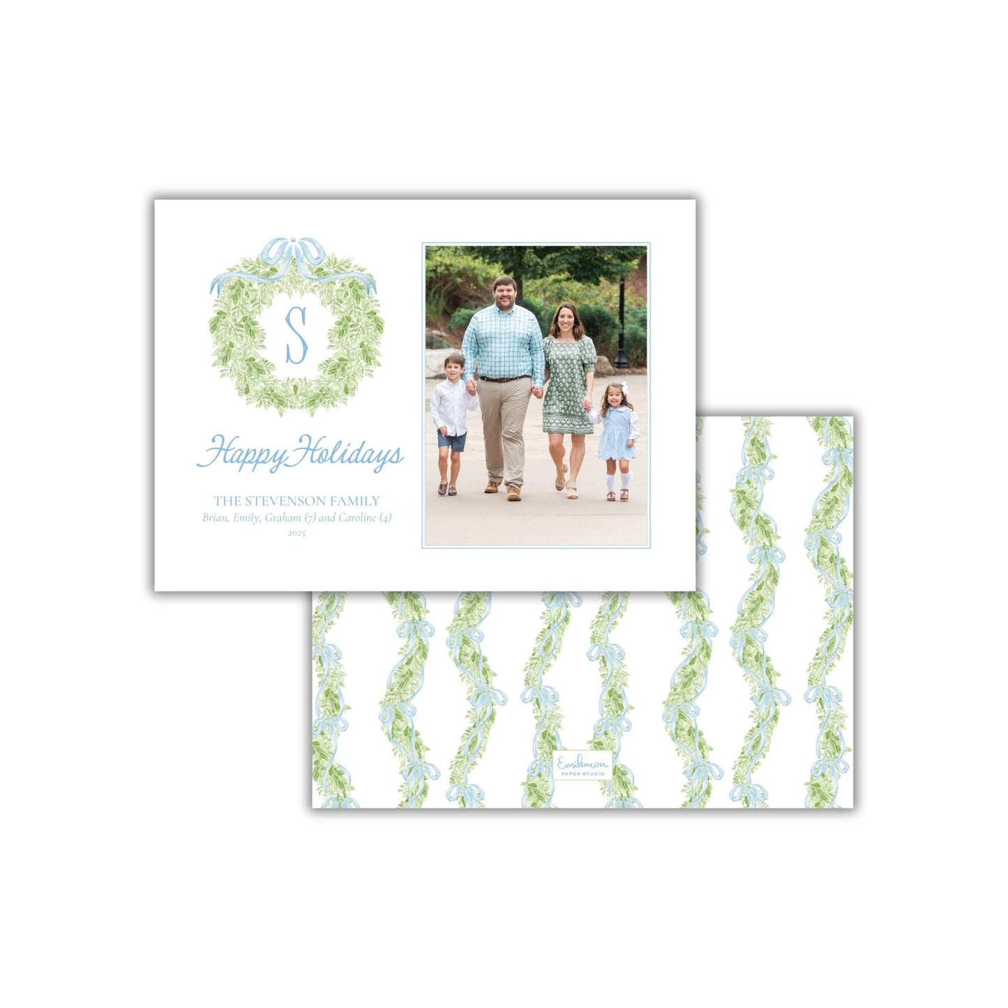 A family portrait of a man, woman, and two children, with a wreath design above them. The text below the portrait reads &quot;Happy Holidays BRITT, EMILY, AND FAMILY of THE STEVENSON FAMILY (2008)&quot;
