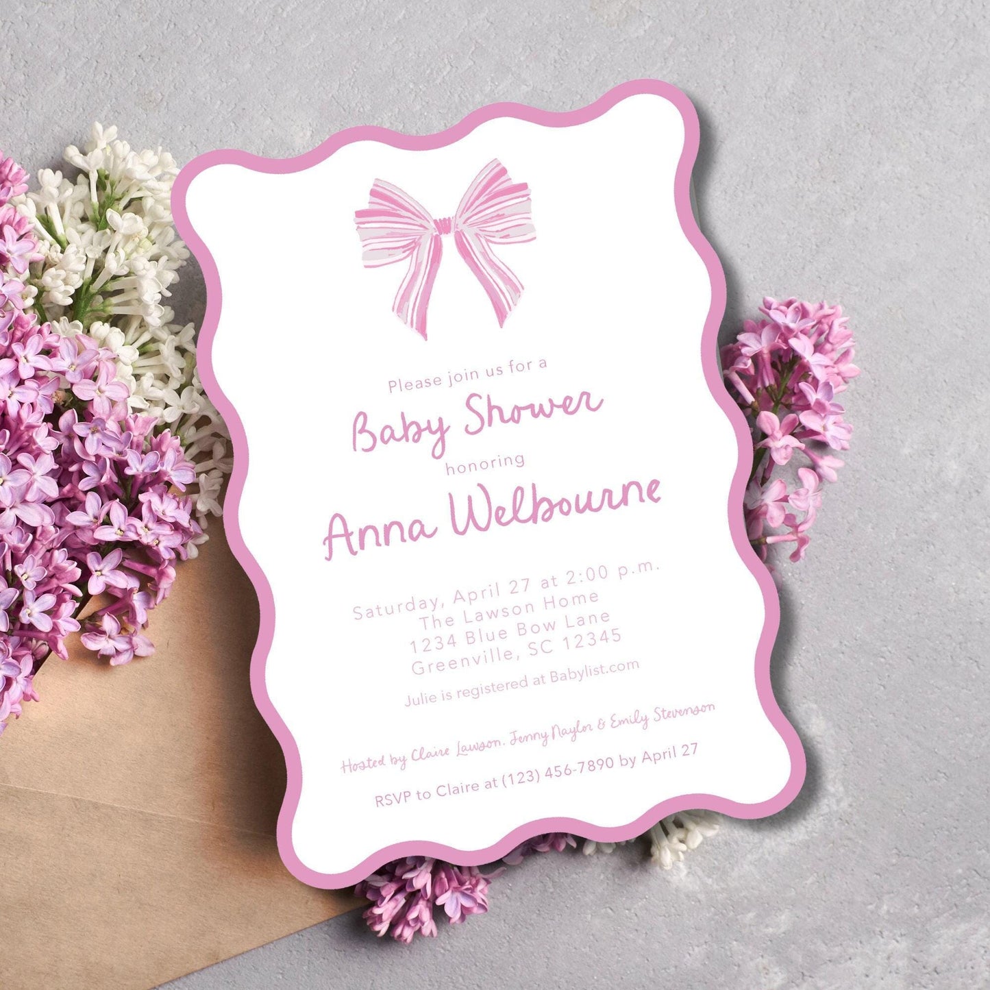 Wavy Bow Baby Shower Invitation - Pink