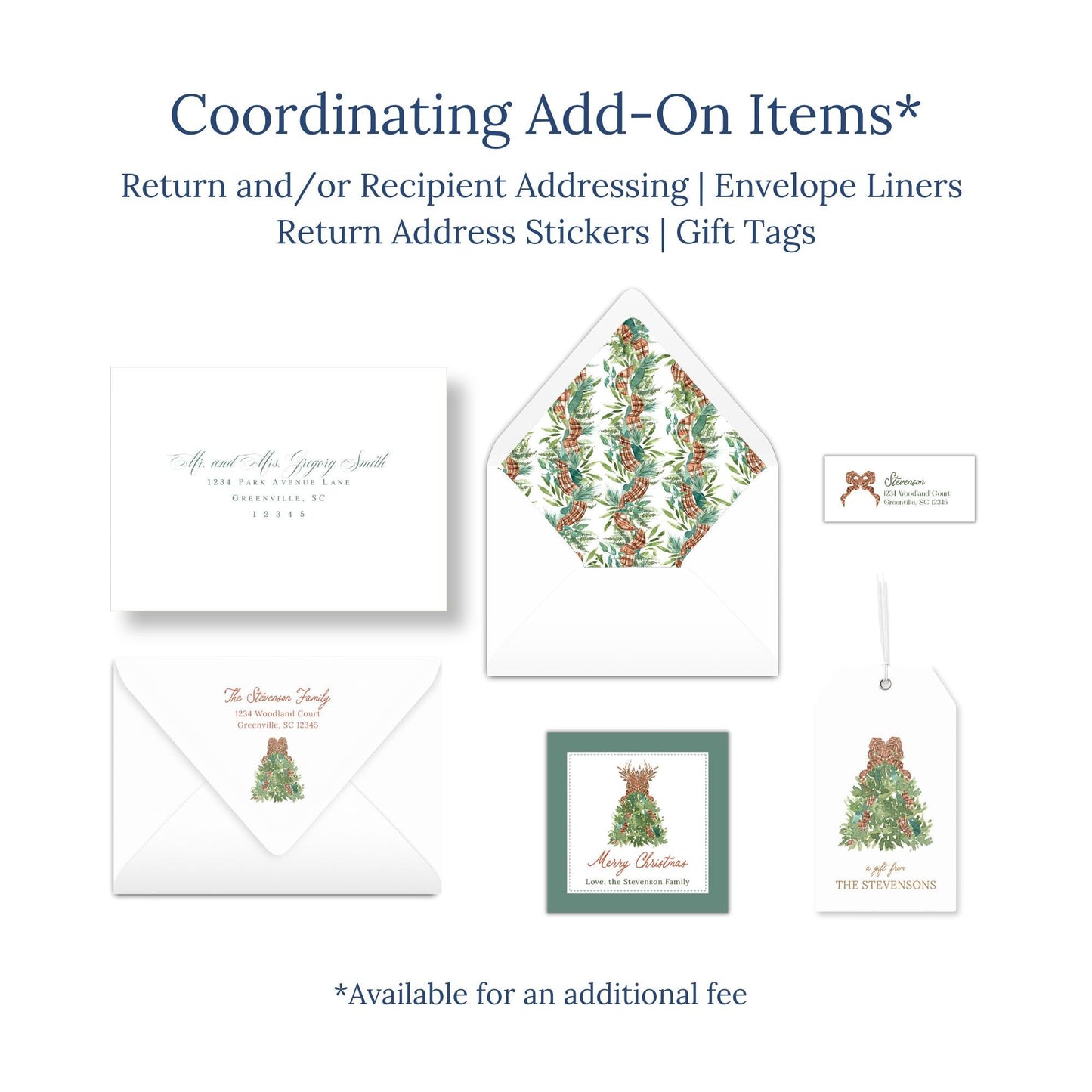 various items related to holiday-themed items, including envelopes, return address stickers, and gift tags.