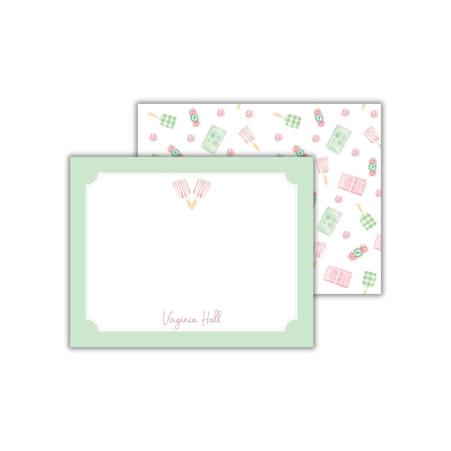 two cards with a green border and a pink and green border