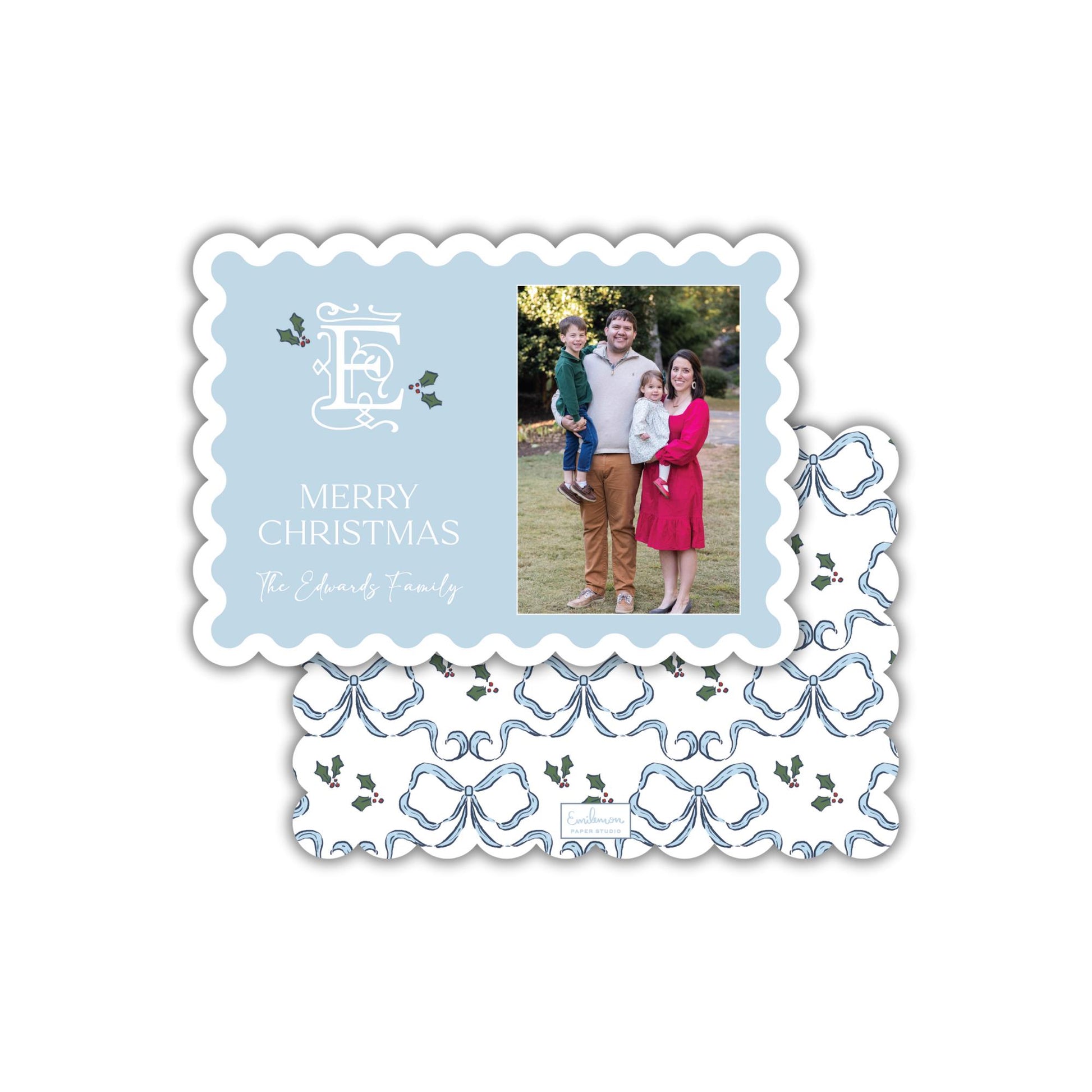 A family photo is displayed on a Christmas card with the text &quot;Merry Christmas The Edwards Family&quot;.