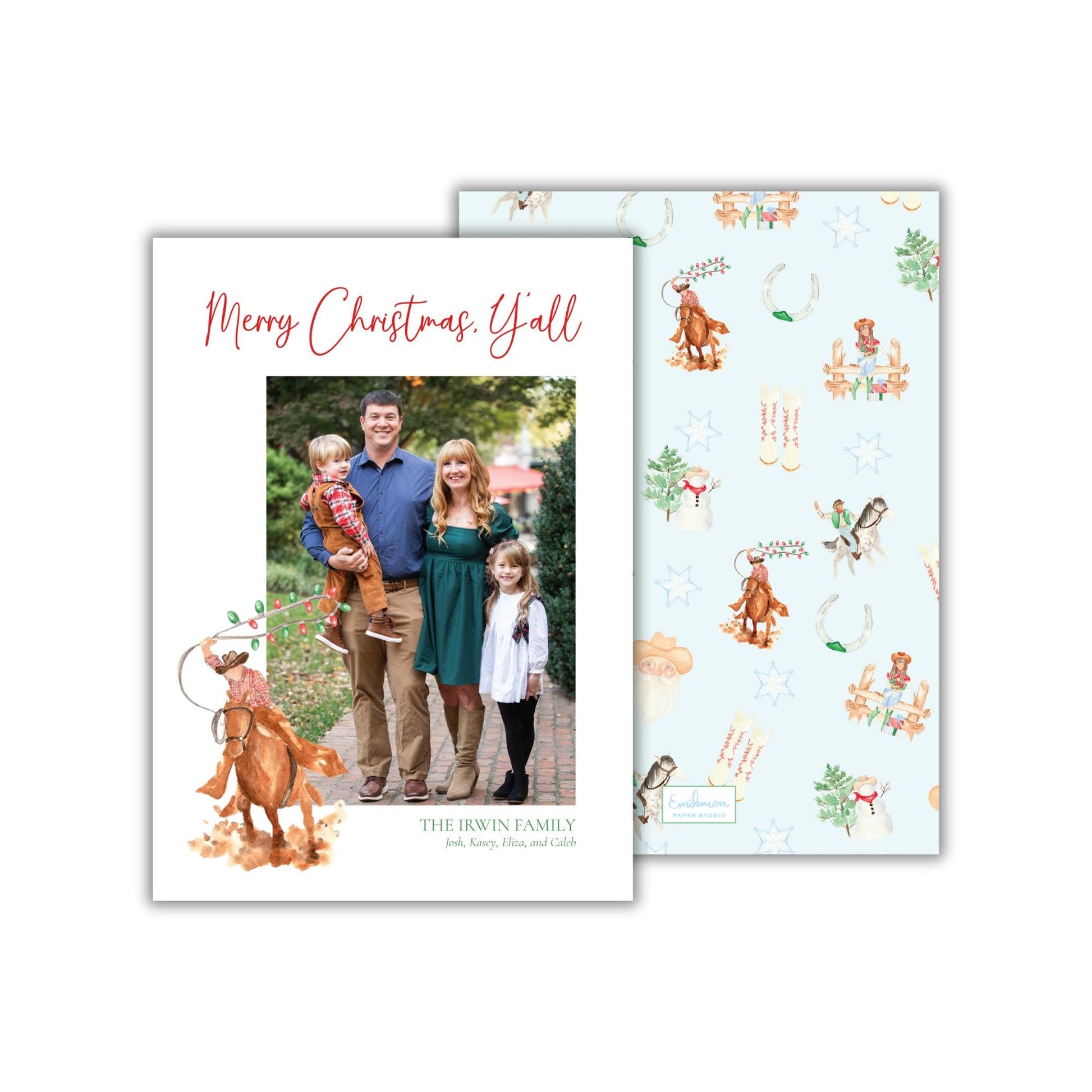 A Christmas card featuring a family photo of a man, woman, and two children, with a horse and other festive elements.