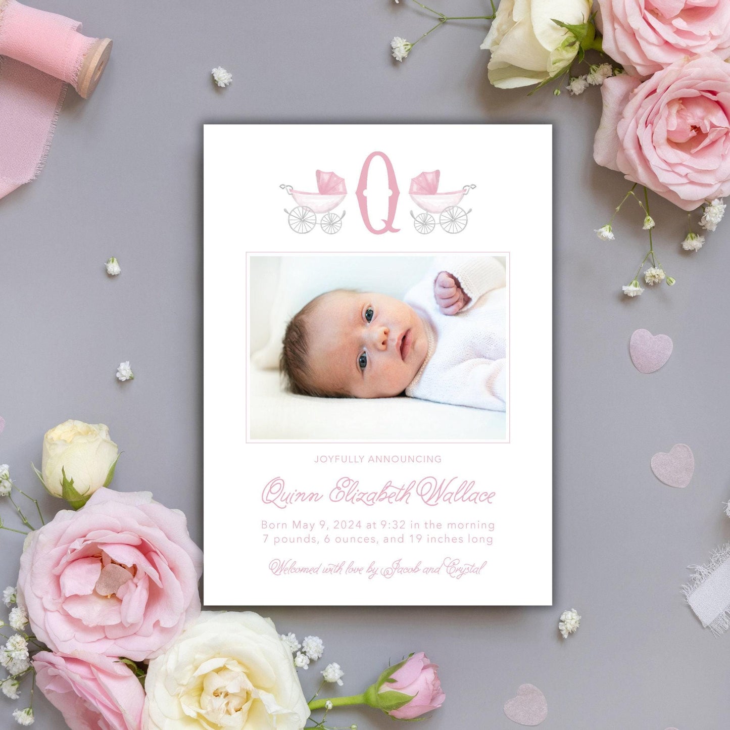 Vintage Carriage Birth Announcement - Pink