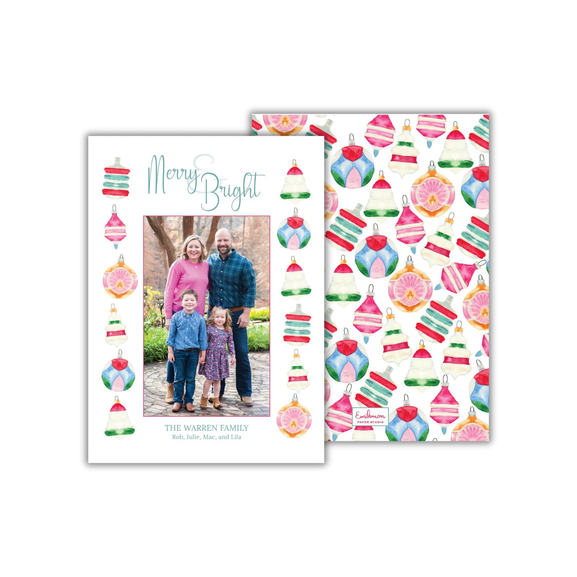 A family portrait of a family of four, with a pattern of colorful Christmas ornaments surrounding the photo.