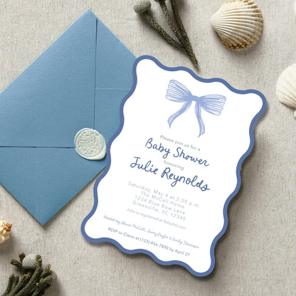 Wavy Bow Baby Shower Invitation - Blue