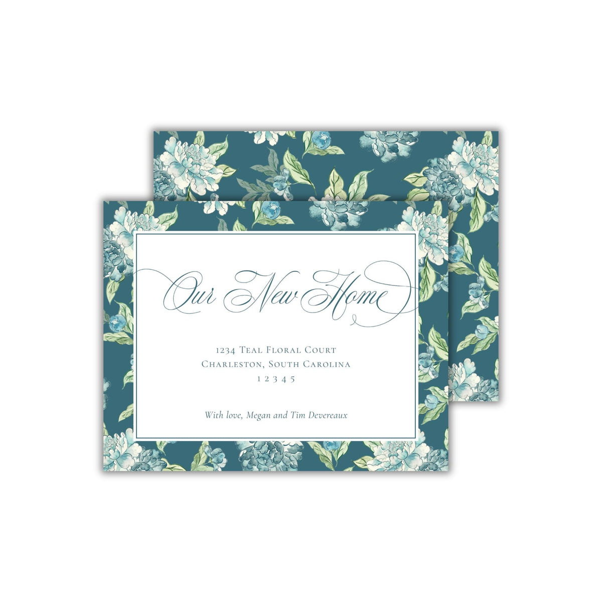 A 5.5 x 4.25 A2 sized flat horizontal moving announcement card featuring a stunning hand-painted watercolor teal chinoiserie floral border. The words "Our New Home" are written at the top in a formal teal script font, with the family's new address and their names below in a classic teal serif font. The back of the card features the same teal chinoiserie floral print. Showstopping bold jewel toned colors, elegant and luxurious, perfect for a change of address card.